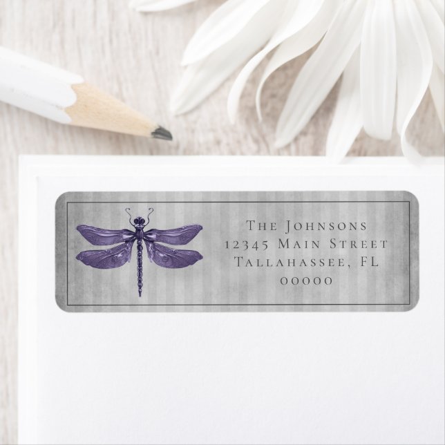 Lila Jeweled Dragonfly Bröllop Returadress Etikett (Insitu)