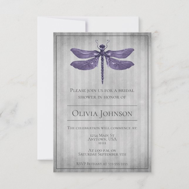 Lila Jeweled Dragonfly Möhippa Inbjudningar (Framsida)