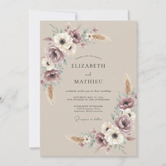 Lila jordnära bohemisk bröllop inbjudningar (Framsida)