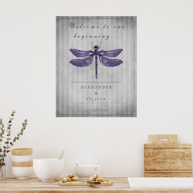 Lila Jude Dragonfly Bröllop Välkommen Poster (Kök)