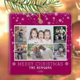 Lila jul familj 6 fotokollage julgransprydnad keramik