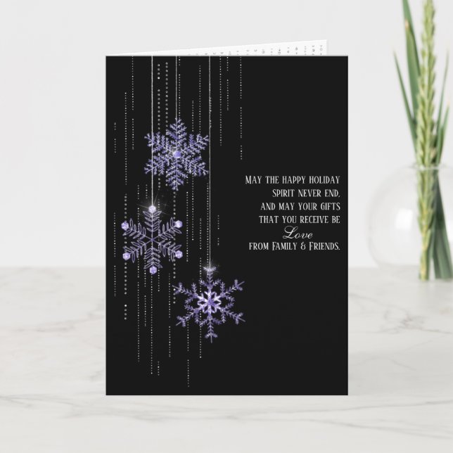 lila Jul snöflingor på svart Helgkort (Framsida)
