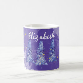 Lila julgran gyllene snöflingor kaffemugg