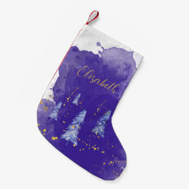 Lila julgran gyllene snöflingor liten julstrumpa