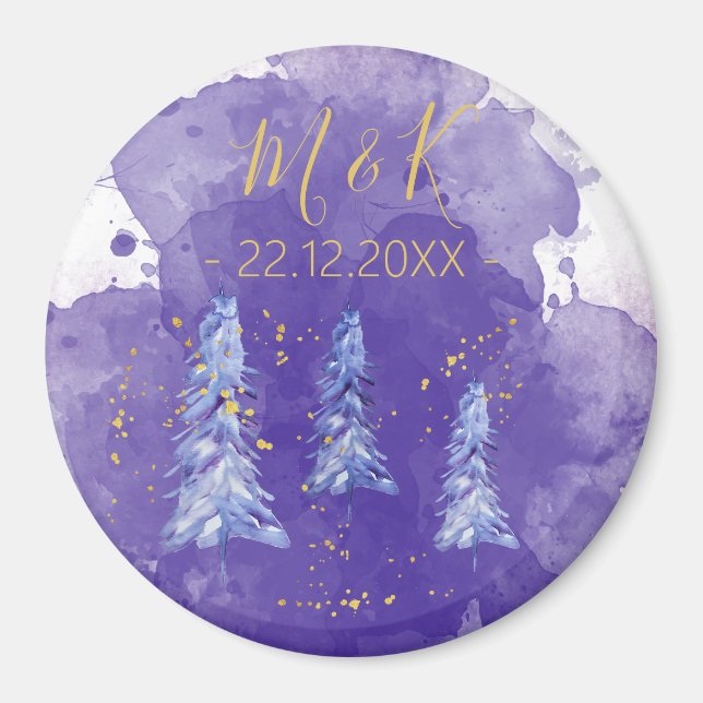 Lila julgran gyllene snöflingor magnet (Framsidan)