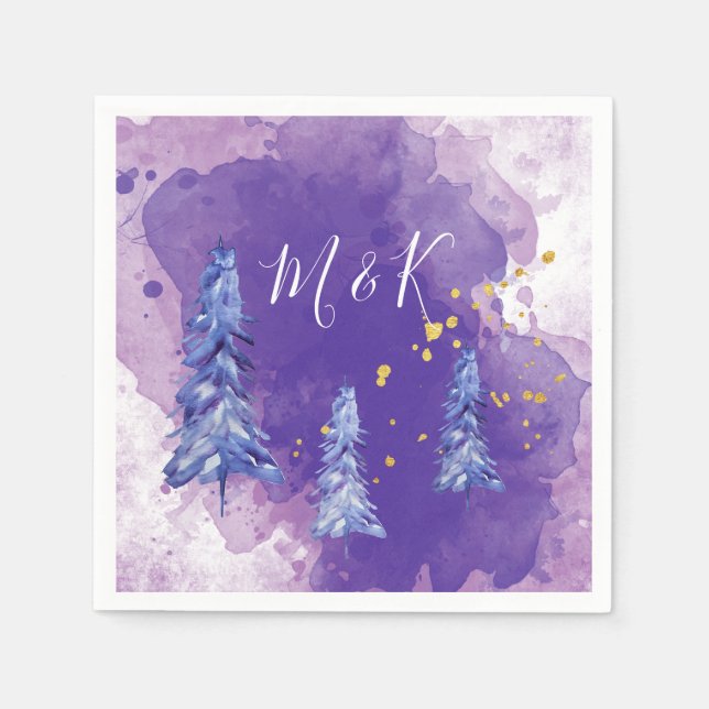 Lila julgran gyllene snöflingor pappersservett (Framsidan)