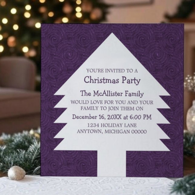 Lila Julgran Swirls Party Inbjudan (Purple Christmas Tree Swirls Party Invitation)