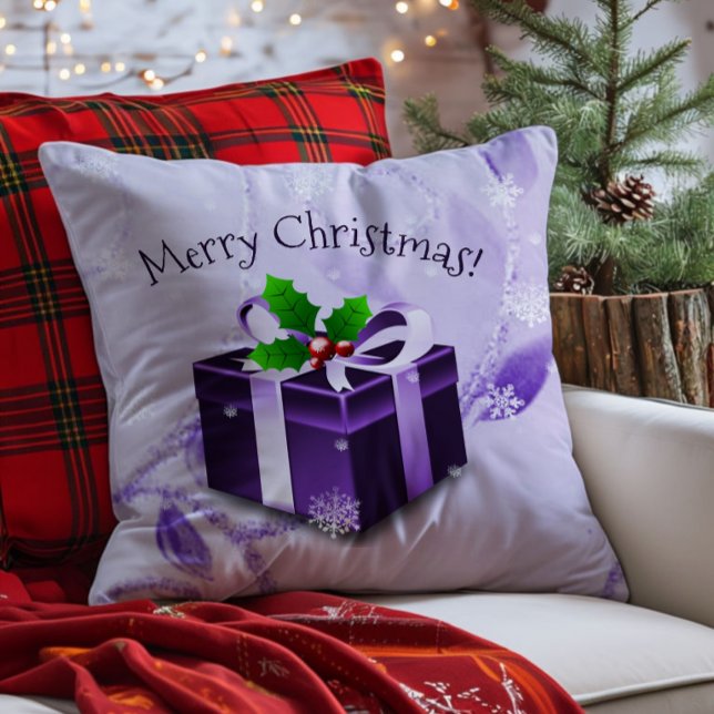 Lila julklapps kastkudde kudde (Purple Christmas Gift Throw Pillow)