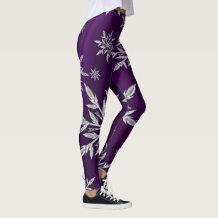 Lila julstjärnor med vita iskristaller leggings
