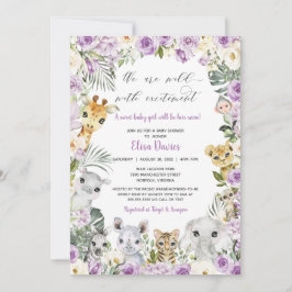 Lila Jungle Blommigt Vilda djur Baby Shower Inbjudningar