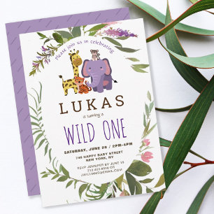 Lila Jungle Safari Animal 1:a födelsedagen Inbjudningar