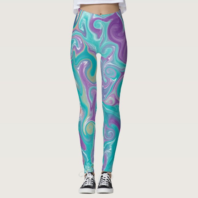 Lila, kalk och Guld Swirls Fluid Art Marble Leggings (Framsida)