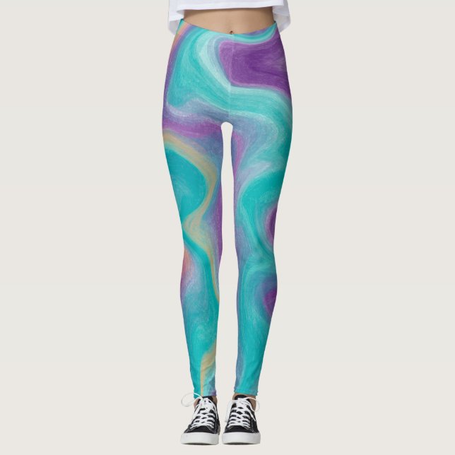 Lila, kalk och Guld Swirls Marble Leggings (Framsida)