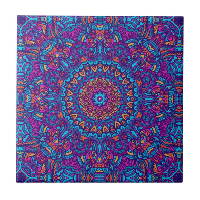 Lila, kalk, Orange och Gult Boho Mandala Kakelplatta (Framsidan)