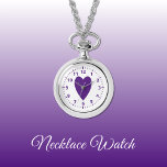 Lila kärlek hjärta Necklace Watch Armbandsur<br><div class="desc">Necklace Watch-gåva. Med lila kärlek hjärta och klocknummer på vit bakgrund.</div>
