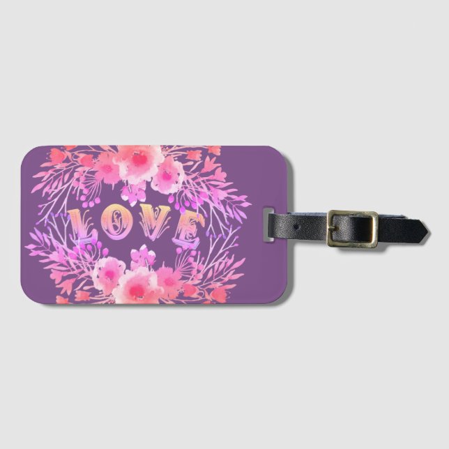 Lila KÄRLEK i Watercolor Flowers Bagagebricka (Framsida horisontal)