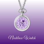 Lila Kärlek Necklace Watch Armbandsur<br><div class="desc">Necklace Watch-gåva. Med ord "kärlek" och en hjärtform som ersätter brev O. Mörk och lätt lila.</div>