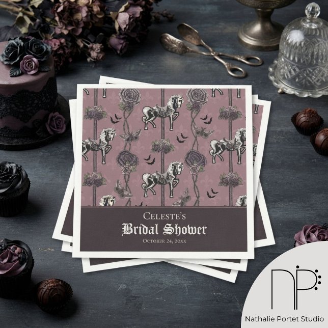 Lila Karusell Skelett Häst Mönster Pappersservett (Moody mauve skeleton carousel horse and dark roses for romantic alternative bridal shower party)