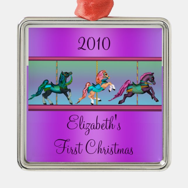 Lila Karusellhästar Babys Första Jul Julgransprydnad Metall (Framsidan)