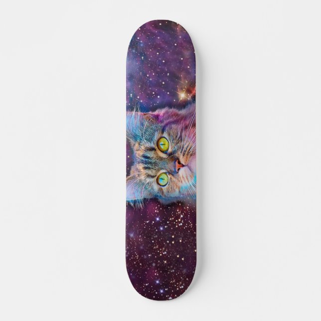 Lila katt i rymden mini skateboard bräda 18,5 cm (Framsida)