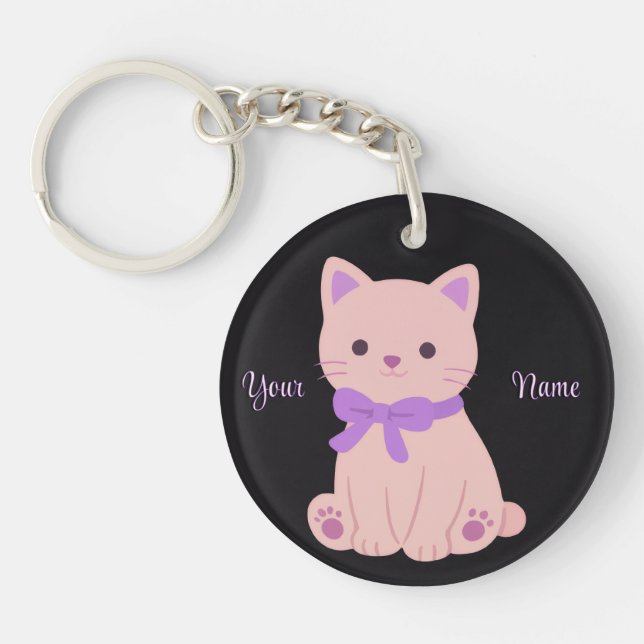 Lila katt med båge Söt Kawaii Svart anpassningsbar (Framsidan)