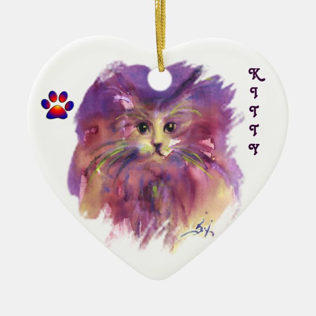 LILA KATTUNGE, KATTRITNING, Amethyst ädelsten Julgransprydnad Keramik (Framsidan)