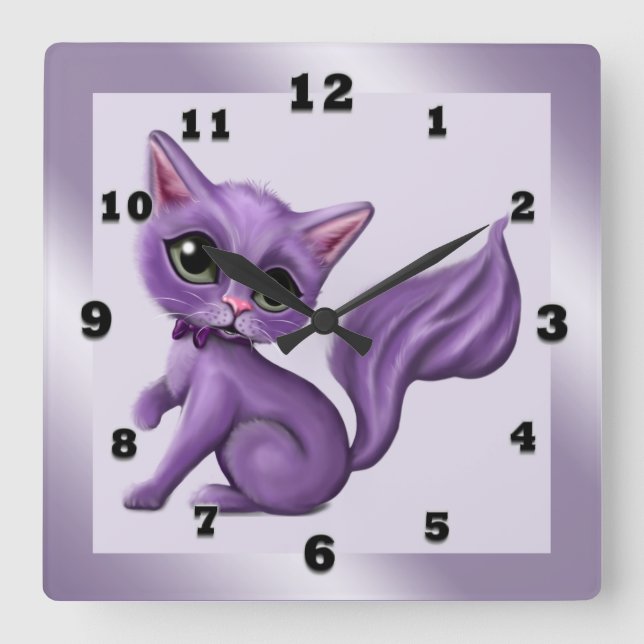Lila Kattunge Square Wall Clock Fyrkantig Klocka (Framsida)