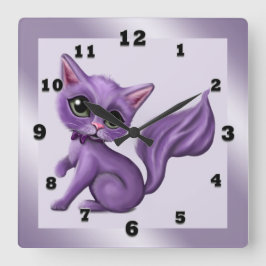Lila Kattunge Square Wall Clock Fyrkantig Klocka