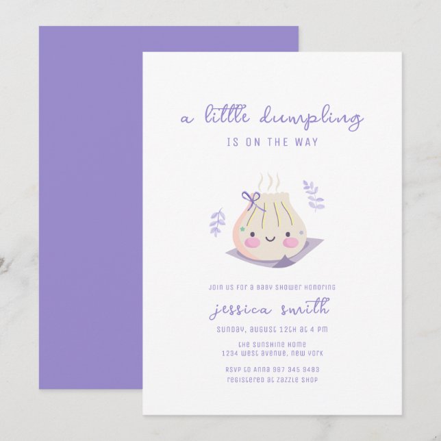 Lila Kawaii Bow Dumpling Flicka Baby Shower  Inbjudningar (Fram/baksida)
