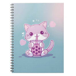Lila Kawaii Cat Drinking Boba Tea Note Bok Anteckningsbok