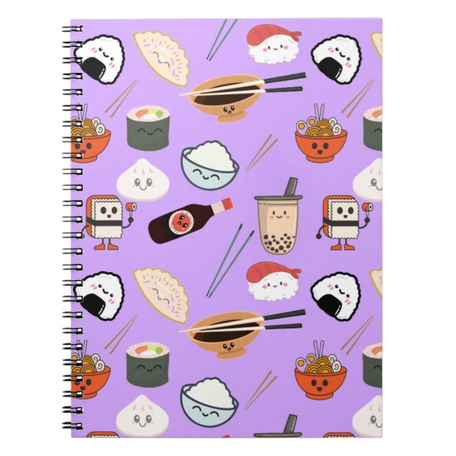 Lila Kawaii Ramen och Sushi Friends Notebook Anteckningsbok (Framsidan)
