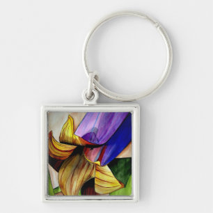 Lila kejsarkrona blomma original konst akvarell fyrkantig silverfärgad nyckelring