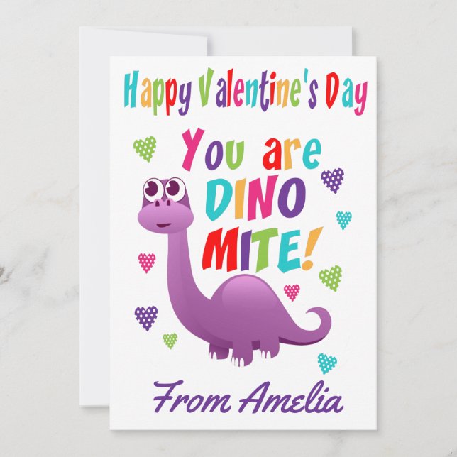 Lila Kids Dinosaur Dinomite Valentines day Kort (Framsida)