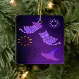 Lila Kittens med Witch Hats and Stars Julgransprydnad Keramik