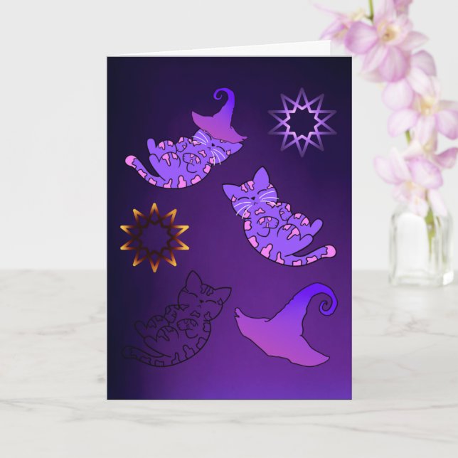 Lila Kittens med Witch Hats and Stars Kort (Orkide)