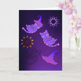 Lila Kittens med Witch Hats and Stars Kort
