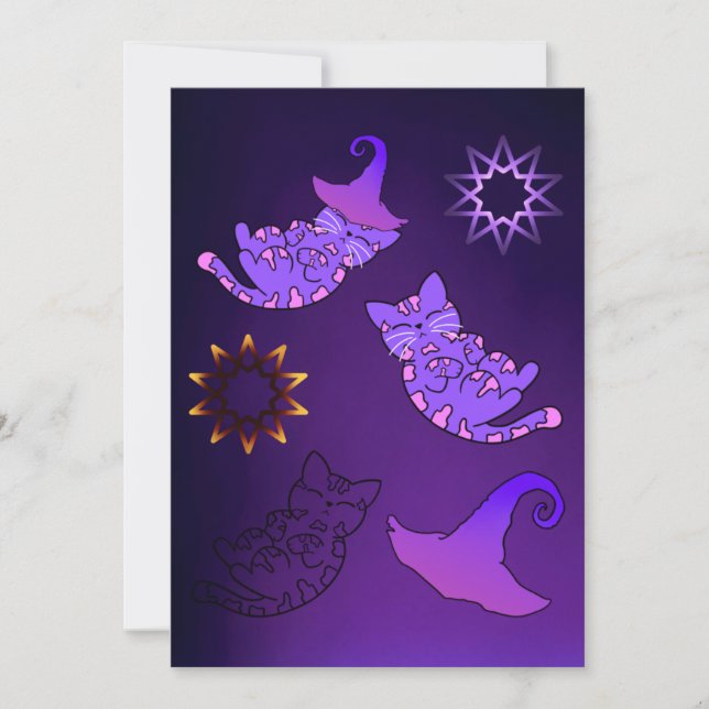 Lila Kittens med Witch Hats and Stars Kort (Framsida)