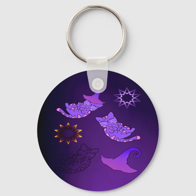 Lila Kittens med Witch Hats and Stars Nyckelring (Framsida)