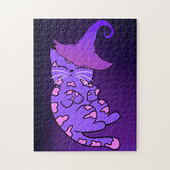 Lila Kittens med Witch Hats and Stars Pussel (Vertikal)