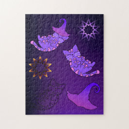 Lila Kittens med Witch Hats and Stars Pussel
