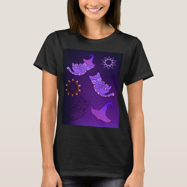 Lila Kittens med Witch Hats and Stars T Shirt (Framsida)