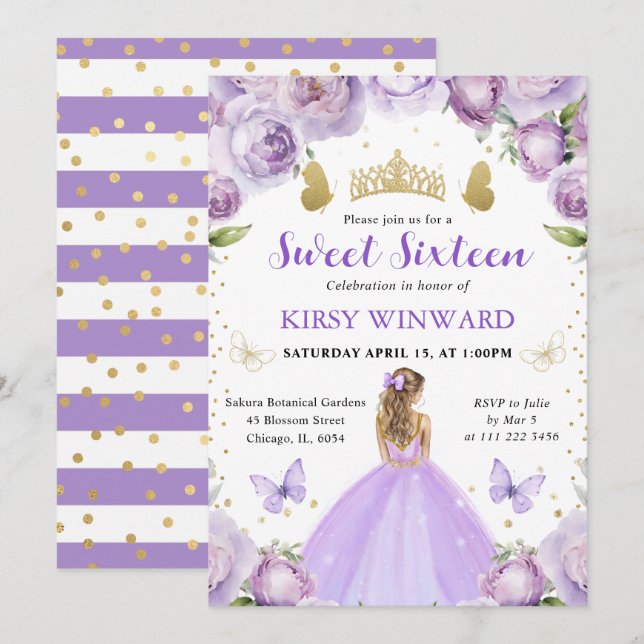 Lila klänning Blondt hår Prinsessa Sweet 16 Inbjudningar (Fram/baksida)