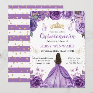 Lila klänning Brunett hår Prinsessa Quinceanera Inbjudningar