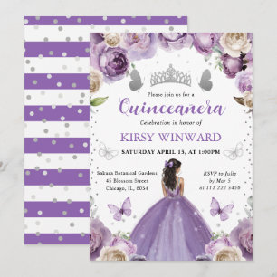 Lila klänning Mörkhyad prinsessa Quinceanera Inbjudningar