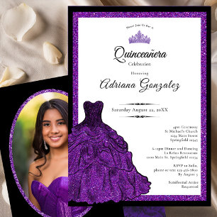 Lila klänning och tiara anpassad foto Quinceanera Inbjudningar