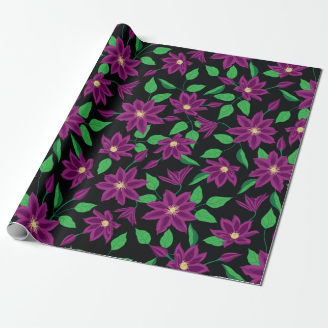 Lila klematisblommor mönster presentpapper (Utrullad)