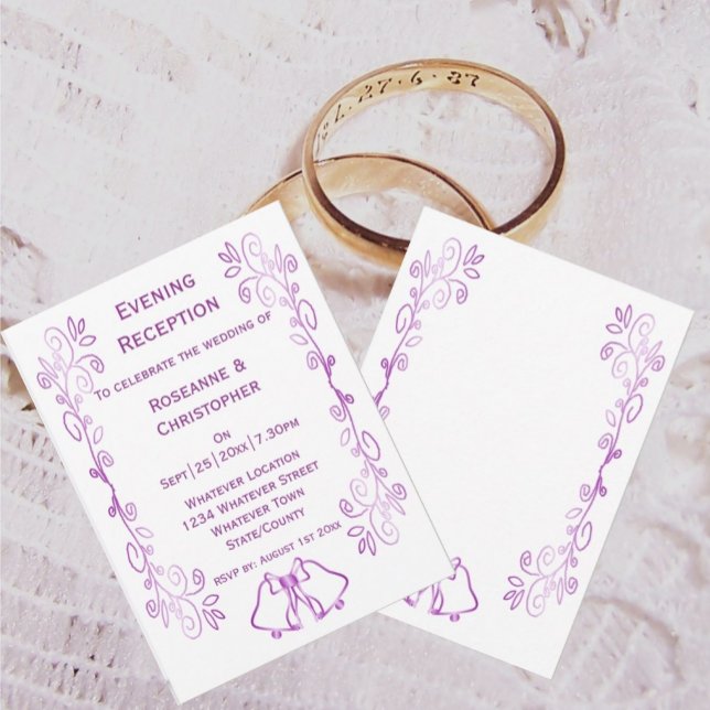Lila Klockor Scrollwork bröllop - mottagning Inbjudningar (Purple wedding reception invitation bells and scrollwork design)
