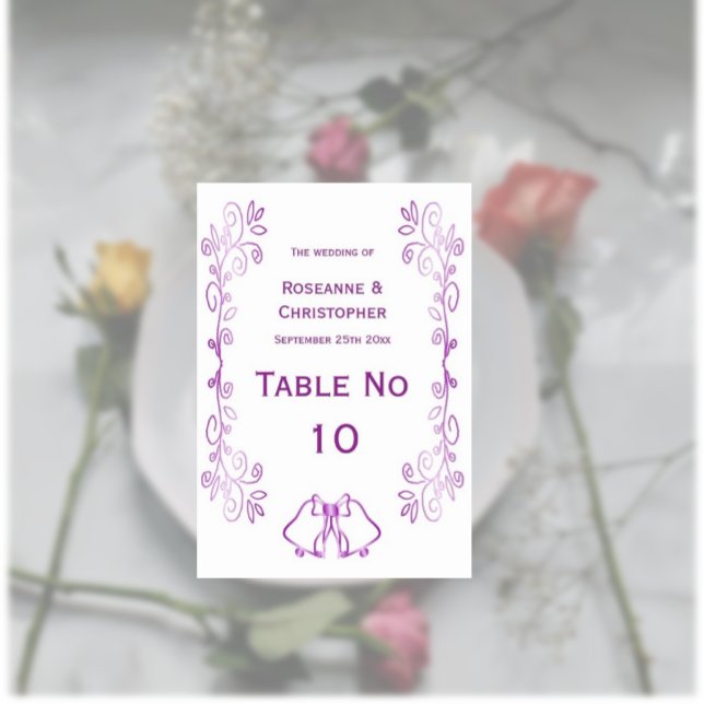 Lila Klockor Scrollwork Design Bröllop Bordsnummer (Purple wedding table number card bells and scrollwork design)