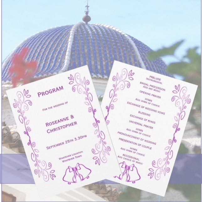 Lila Klockor Scrollwork Design Bröllop Program (Purple wedding church program bells and scrollwork design)
