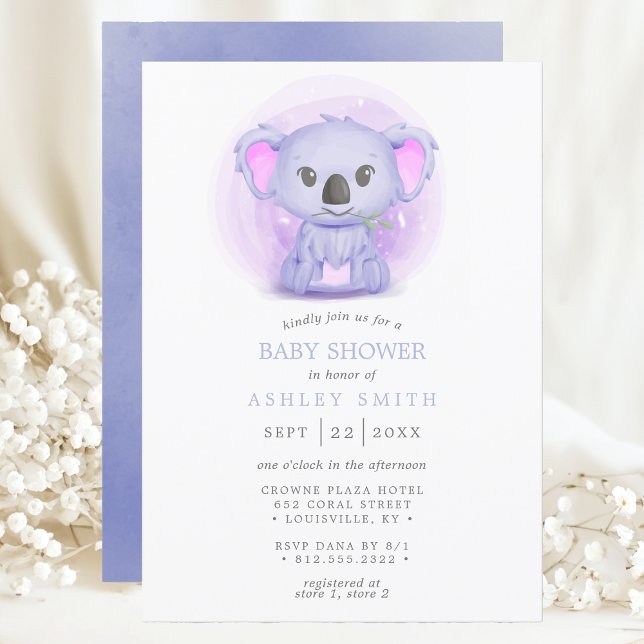 Lila Koala Söt Whimsical Akvarell Baby Shower Inbjudningar (Skapare uppladdad)